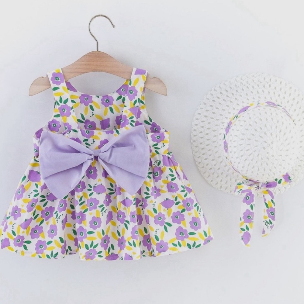 Floral Purple Kids Casual Dress with Hat